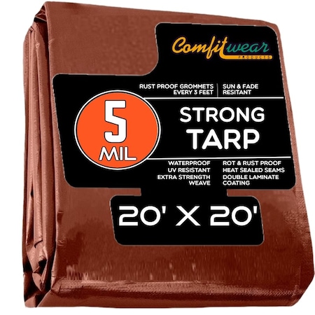 Comfitwear 5 MIL Standard Strong Multi-Purpose Tarp Cover Rust Proof Waterproof Reinforced Edges, Brown MTBR-2020